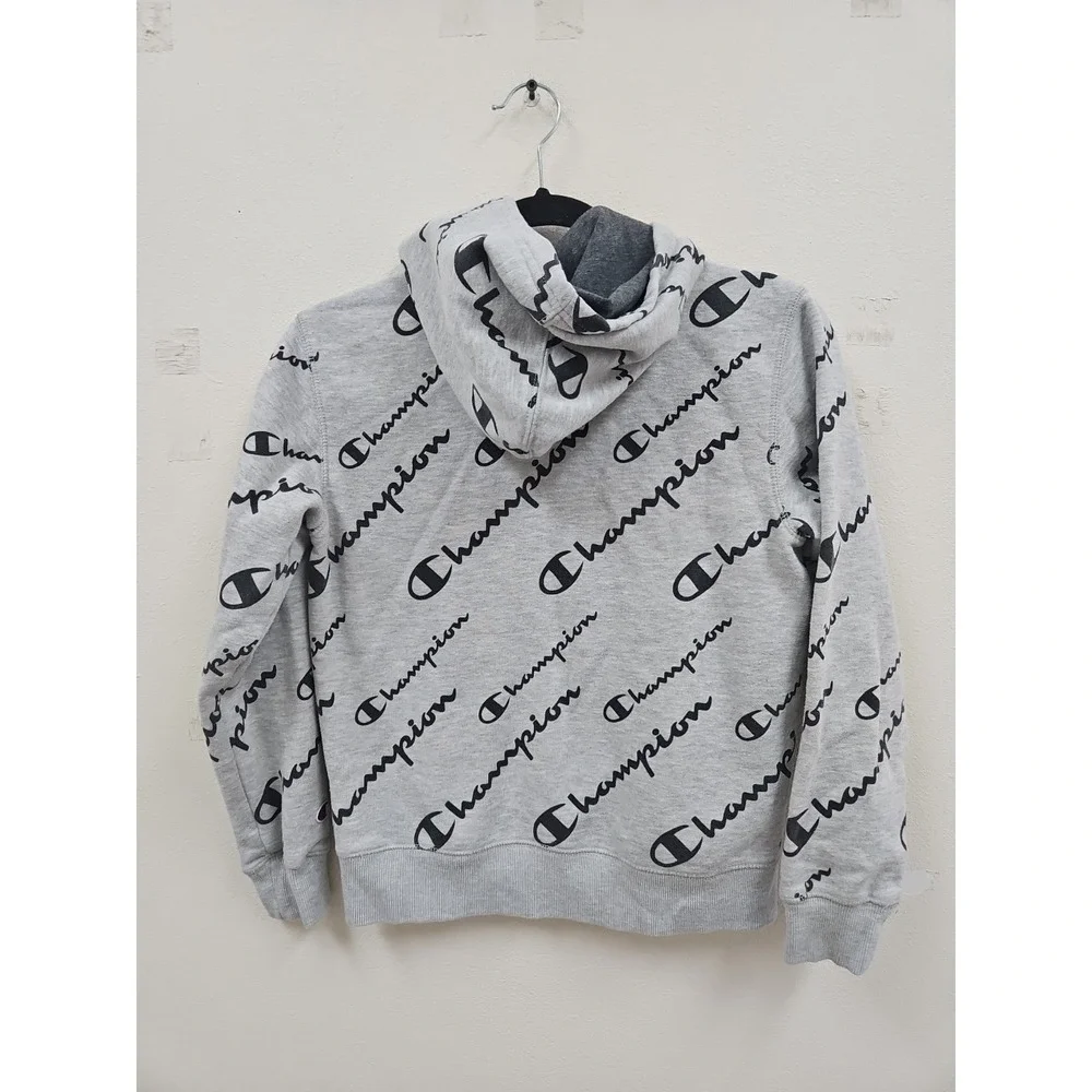 Champion Hoodie Youth Medium Sweatshirt Pullover Gray Black All Over Logo Print